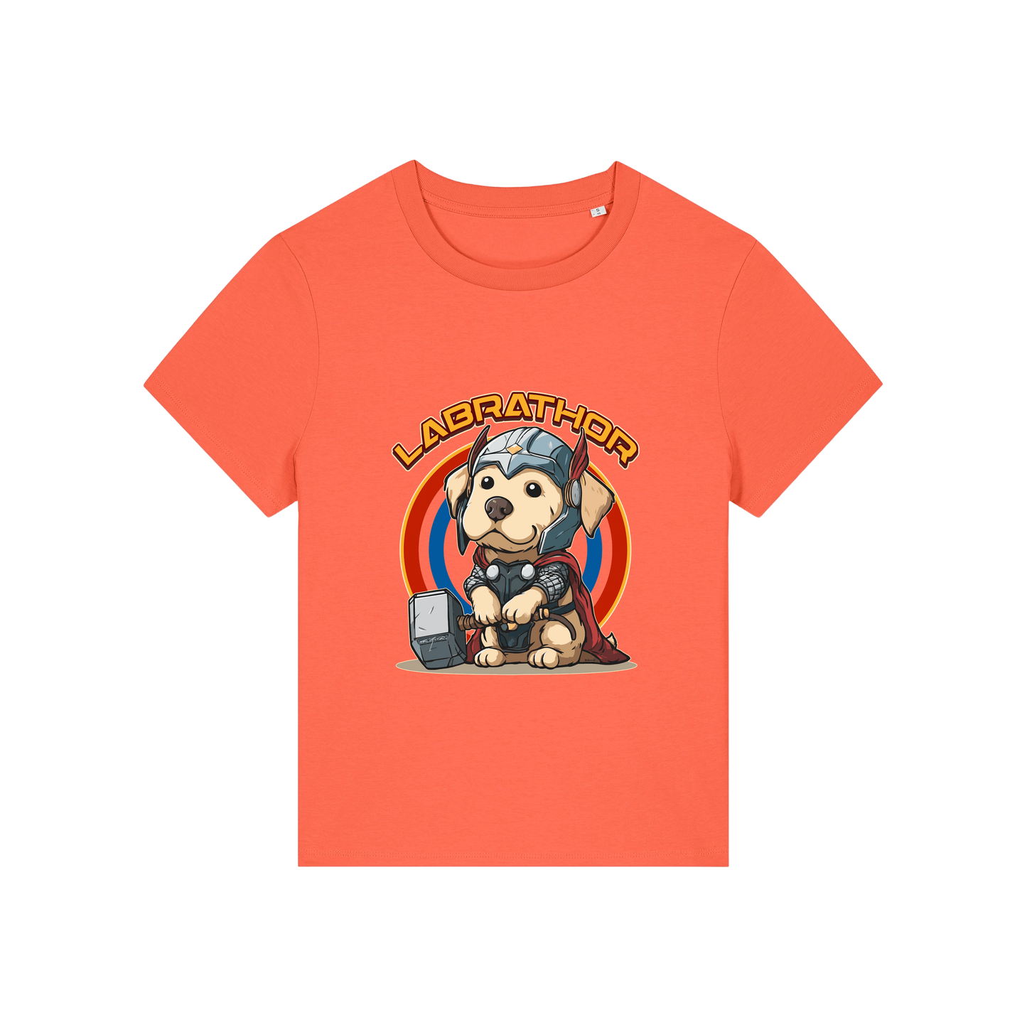 orange animal t-shirt with the graphic of a dog dressed as thor and the slogan 'labrathor'