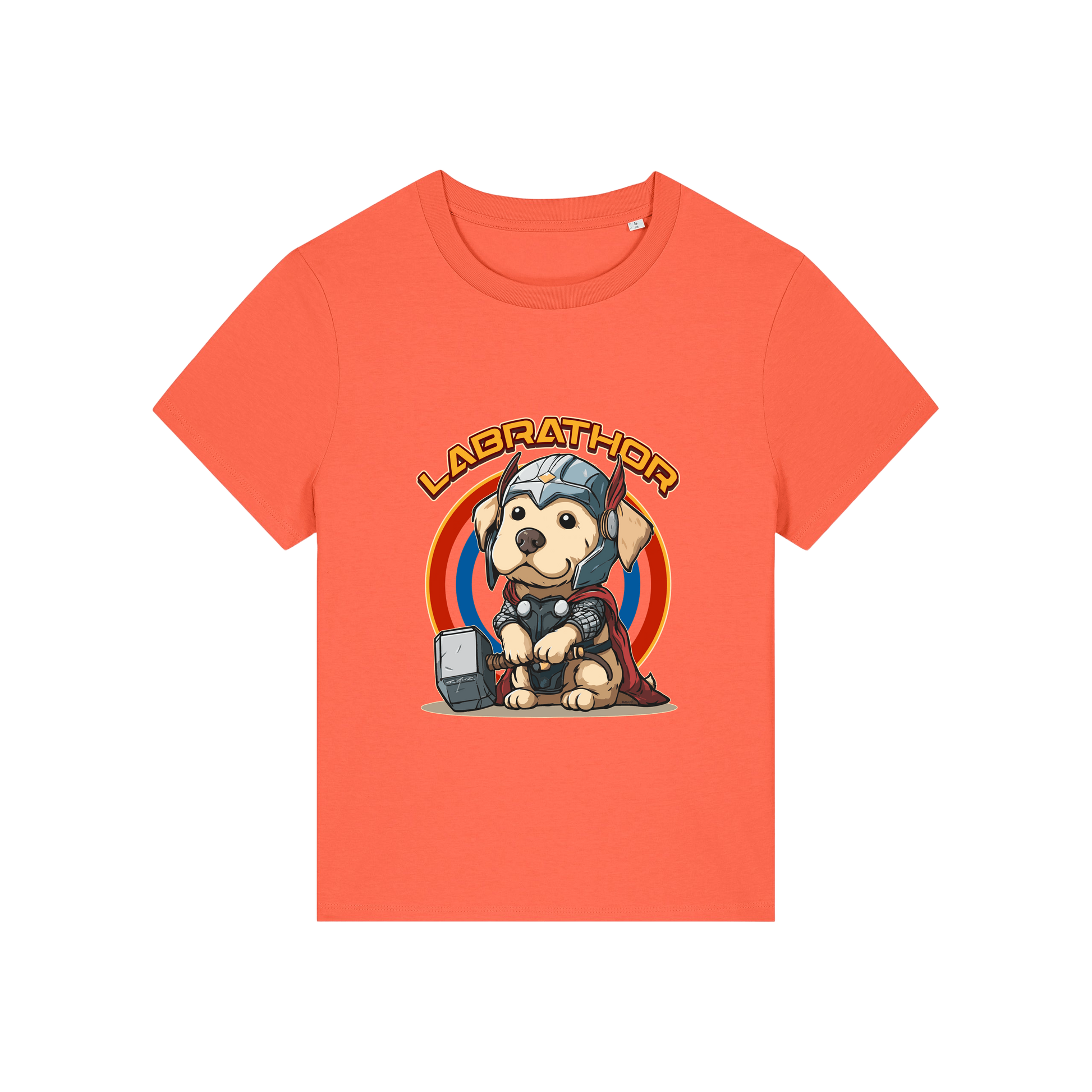 orange animal t-shirt with the graphic of a dog dressed as thor and the slogan 'labrathor'