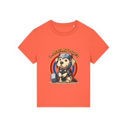 orange animal t-shirt with the graphic of a dog dressed as thor and the slogan 'labrathor'