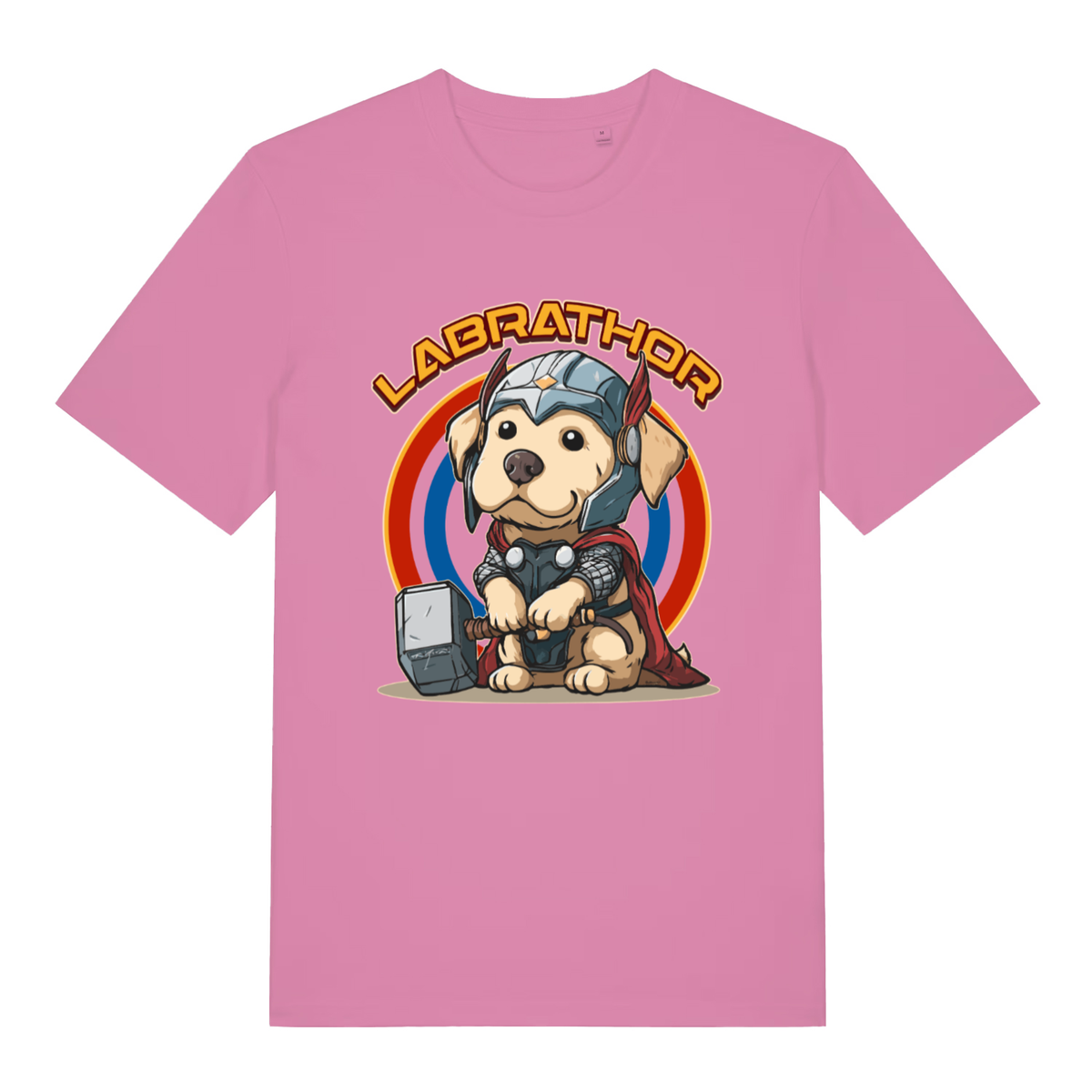 Pink women's Labrathor funny graphic t-shirt with detailed Labrador Thor design and “LABRATHOR” slogan  
