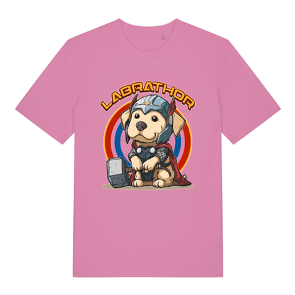Pink women's Labrathor funny graphic t-shirt with detailed Labrador Thor design and “LABRATHOR” slogan  