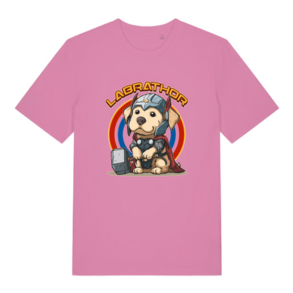 pink women's funny animal t-shirt with the graphic of a cartoon dog dressed as thor and the slogan 'labrathor'