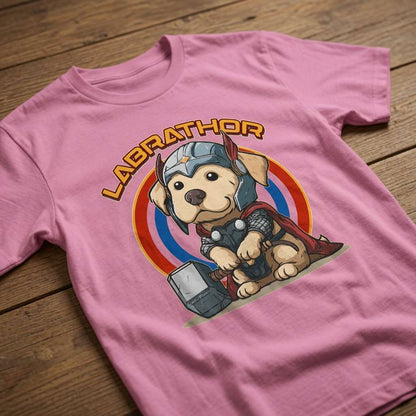Pink Labrathor t-shirt on wood featuring Labrador Thor, fun witty labrador hero pun ladies graphic