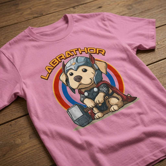 Pink Labrathor t-shirt on wood featuring Labrador Thor, fun witty labrador hero pun ladies graphic