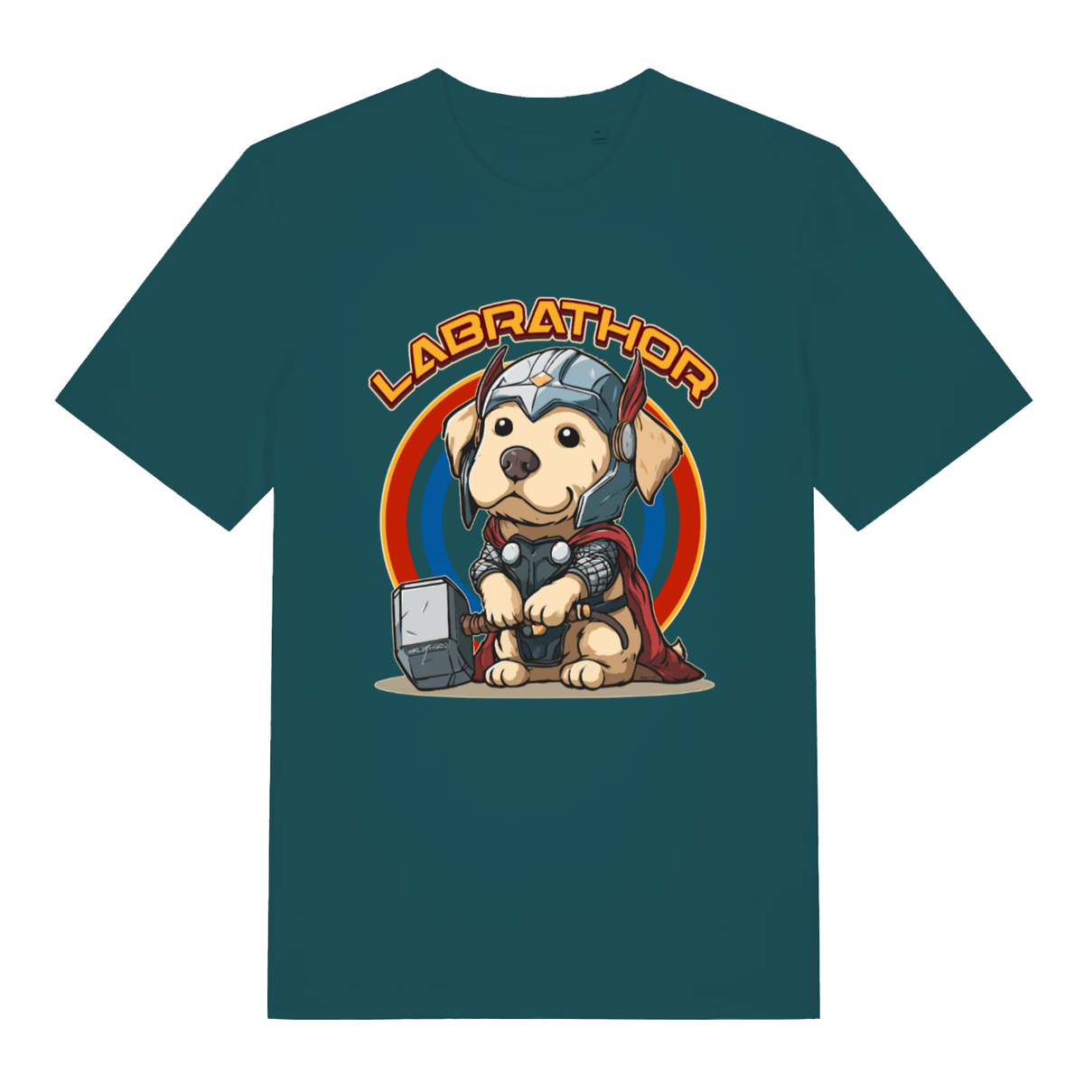 Stargazer women's Labrathor funny graphic t-shirt displaying cute Labrador in full Thor gear and “LABRATHOR” text  