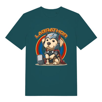 Stargazer women's Labrathor funny graphic t-shirt displaying cute Labrador in full Thor gear and “LABRATHOR” text  