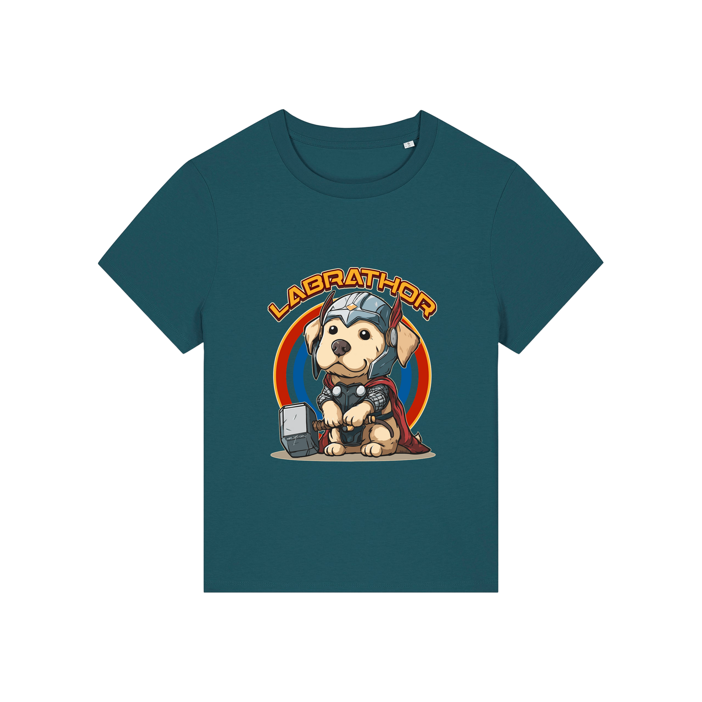 teal animal t-shirt with the graphic of a dog dressed as thor and the slogan 'labrathor'