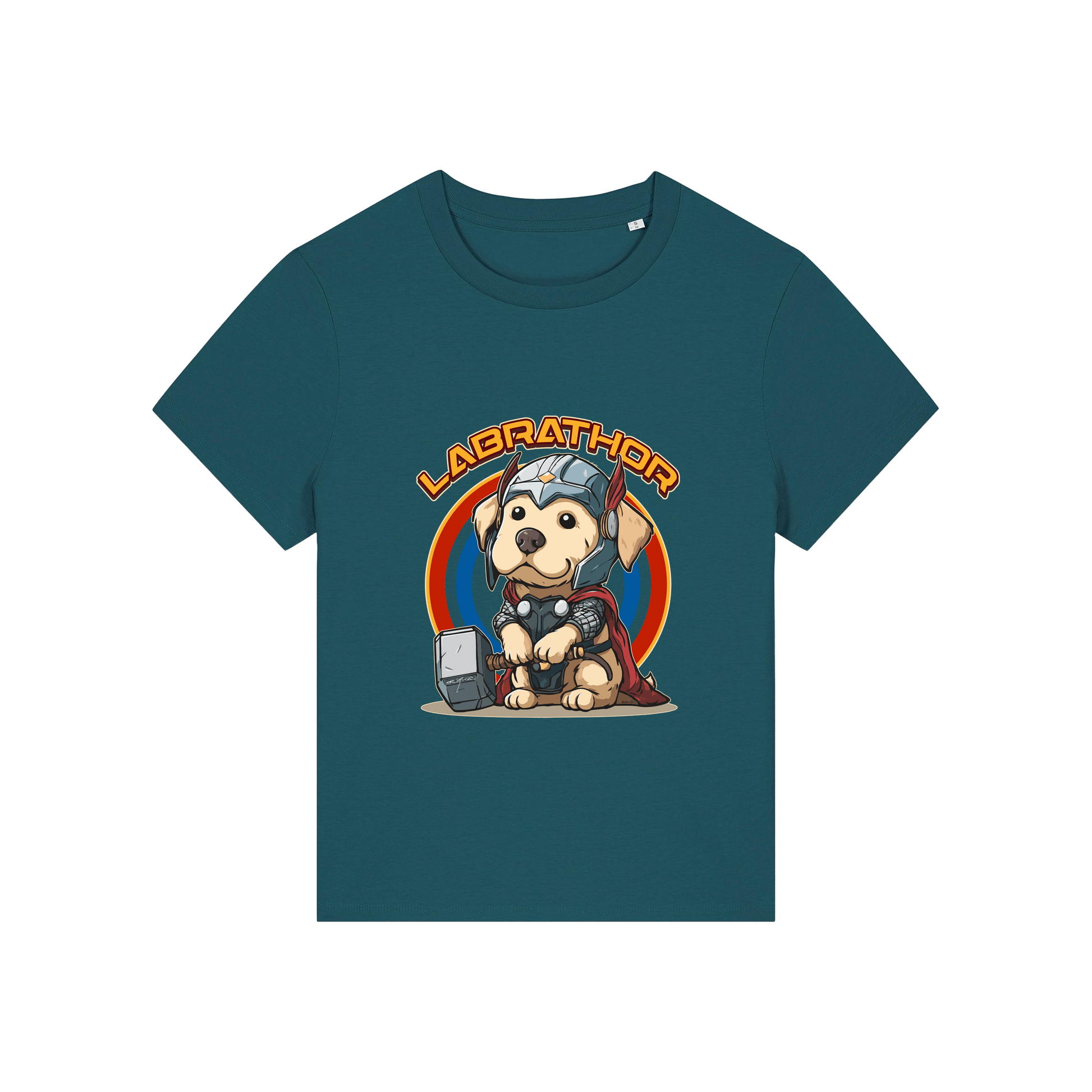 teal animal t-shirt with the graphic of a dog dressed as thor and the slogan 'labrathor'