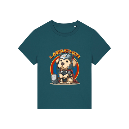 teal animal t-shirt with the graphic of a dog dressed as thor and the slogan 'labrathor'