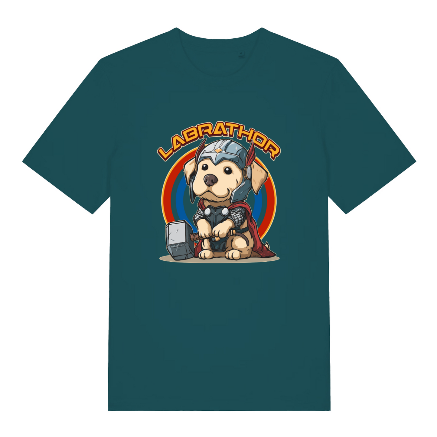 teal women's funny animal t-shirt with the graphic of a cartoon dog dressed as thor and the slogan 'labrathor'