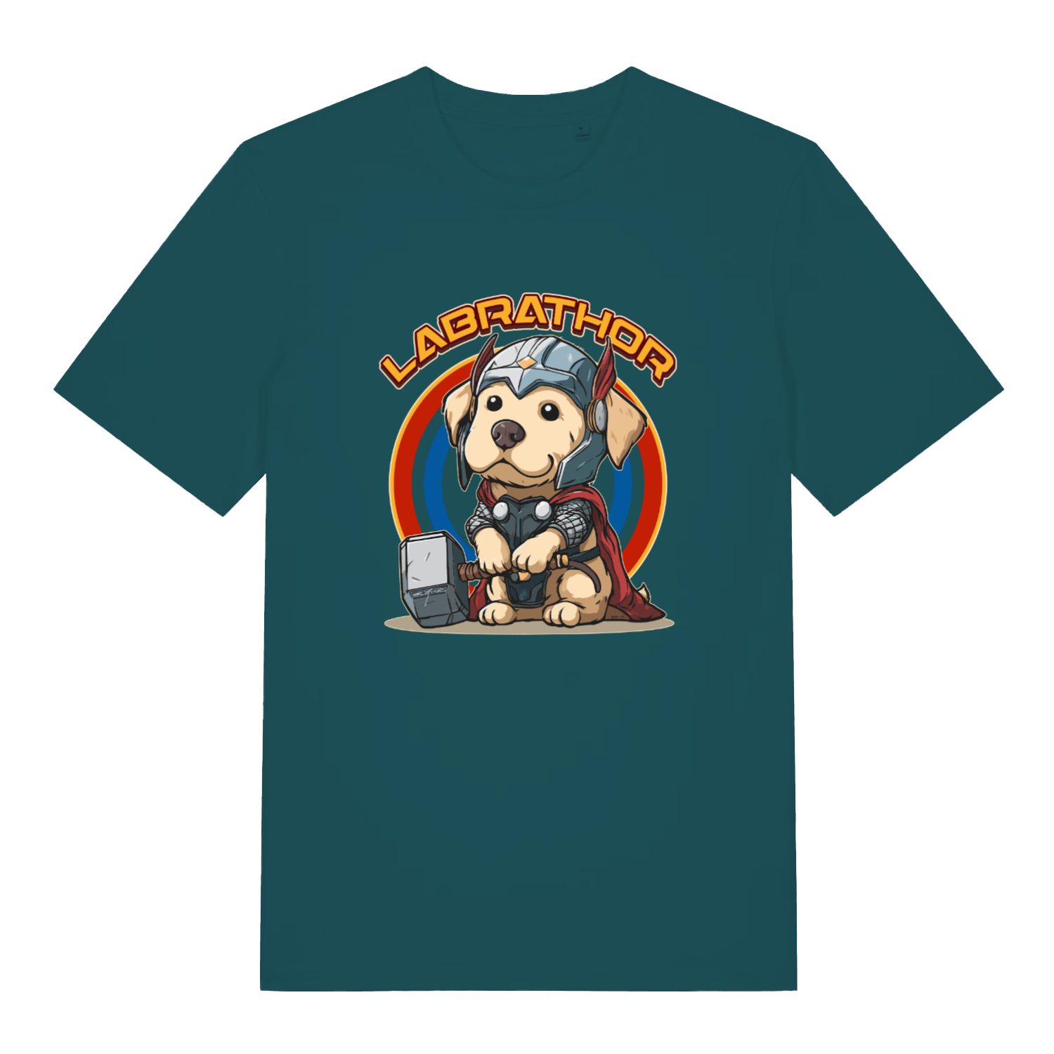 teal women's funny animal t-shirt with the graphic of a cartoon dog dressed as thor and the slogan 'labrathor'