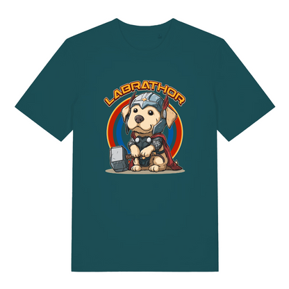 teal women's funny animal t-shirt with the graphic of a cartoon dog dressed as thor and the slogan 'labrathor'