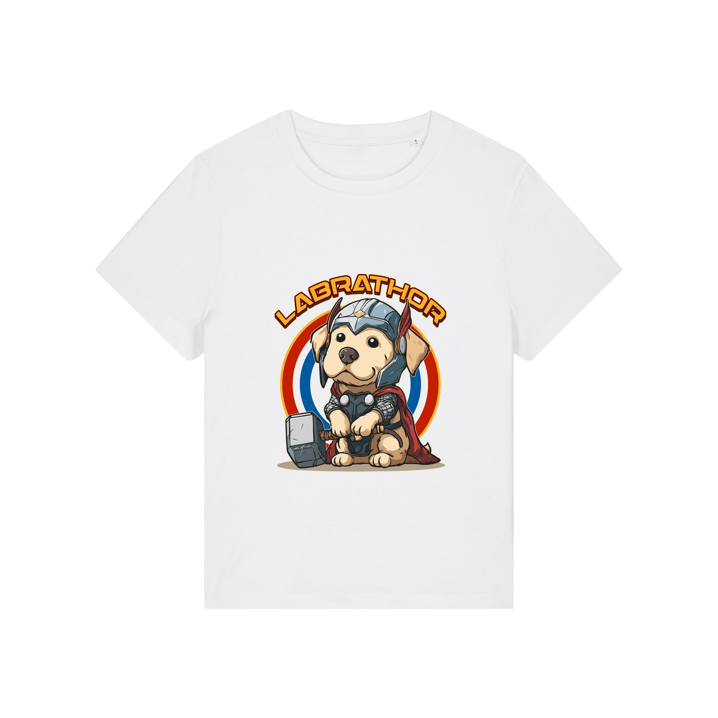 white animal t-shirt with the graphic of a dog dressed as thor and the slogan 'labrathor'