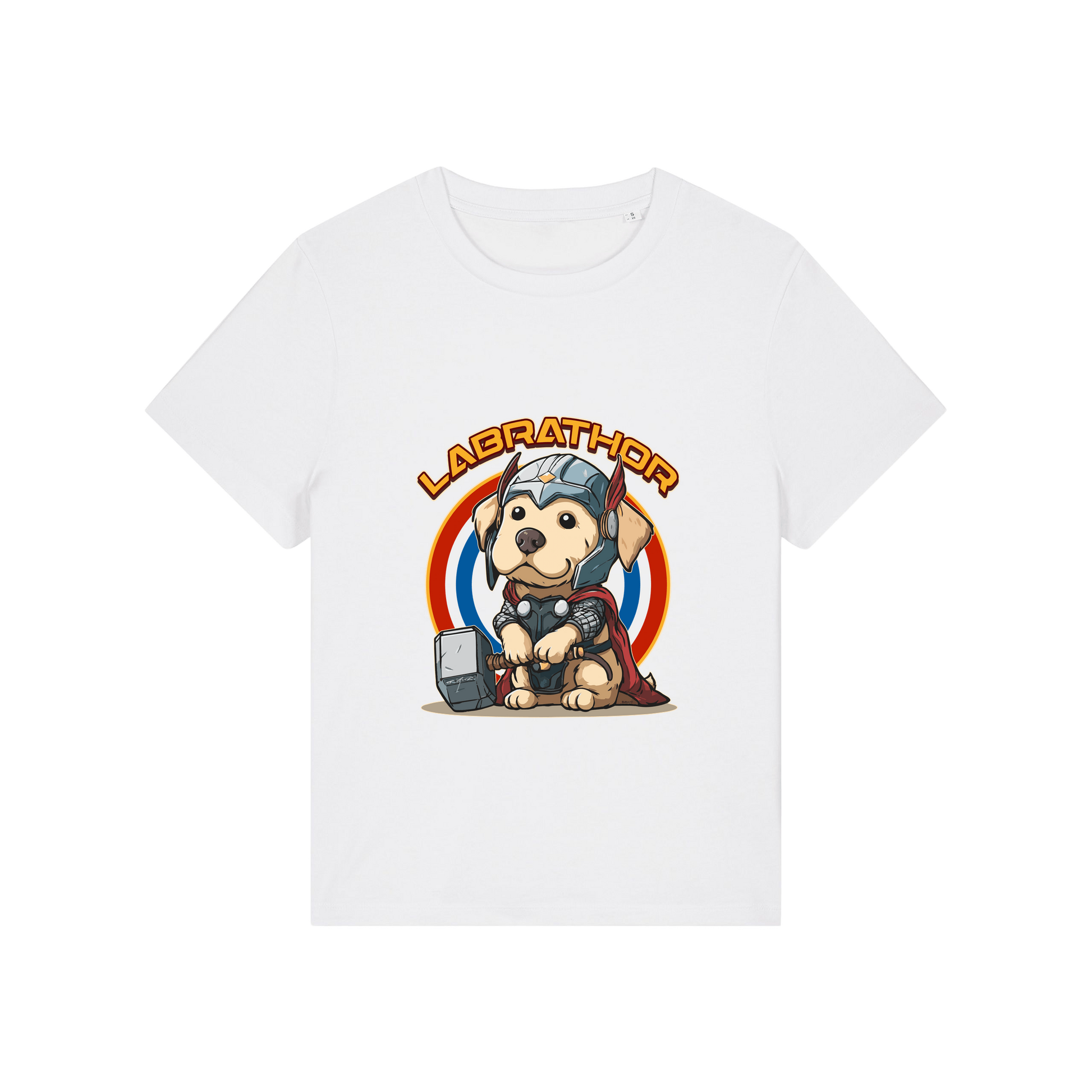 white animal t-shirt with the graphic of a dog dressed as thor and the slogan 'labrathor'
