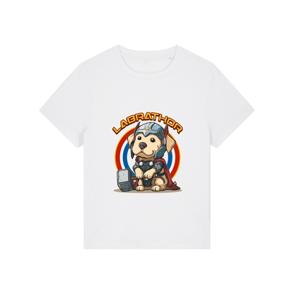 white animal t-shirt with the graphic of a dog dressed as thor and the slogan 'labrathor'