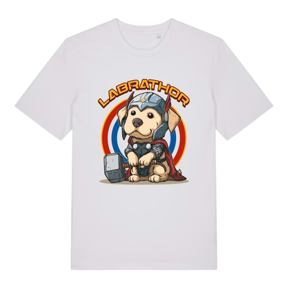 White women's Labrathor funny graphic t-shirt with Labrador puppy as Thor and bold “LABRATHOR” lettering  