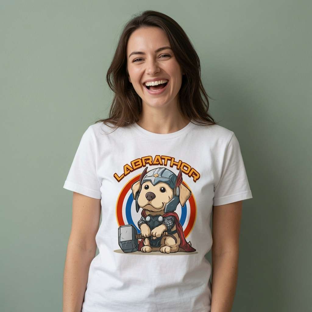 Woman laughing in white Labrathor t-shirt featuring Labrador Thor dog graphic, witty ladies funny labrador pun graphic
