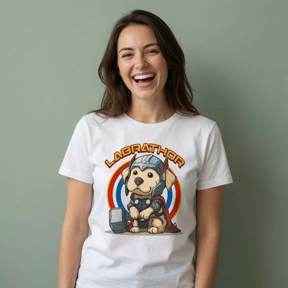 Woman laughing in white Labrathor t-shirt featuring Labrador Thor dog graphic, witty ladies funny labrador pun graphic
