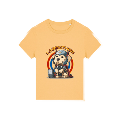yellow animal t-shirt with the graphic of a dog dressed as thor and the slogan 'labrathor'