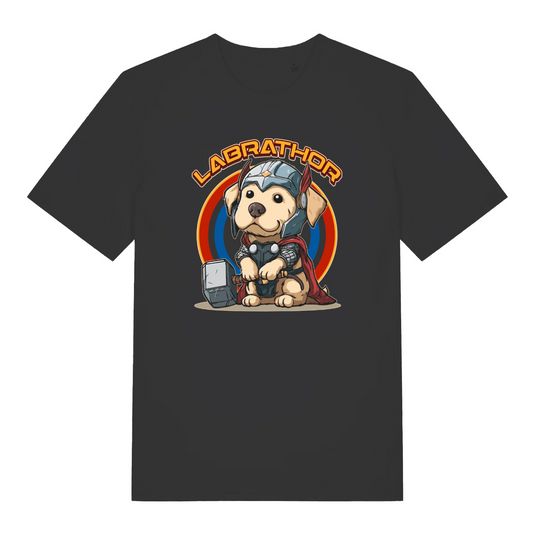 black funny animal t-shirt with the graphic of a dog dressed as thor and the slogan 'labrathor'