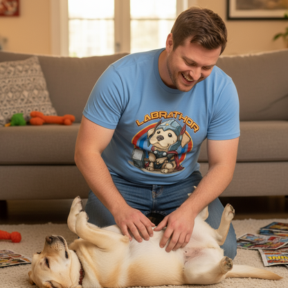 Man in a blue t-shirt with a dog graphic interacting with a dog on a carpeted floor.