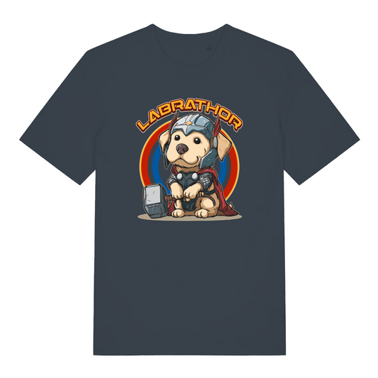 ink grey funny animal t-shirt with the graphic of a dog dressed as thor and the slogan 'labrathor'