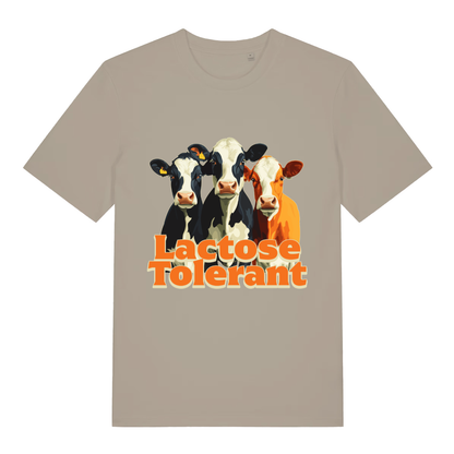 Beige Lactose Tolerant funny graphic t-shirt with three cows and bold orange “Lactose Tolerant” slogan  