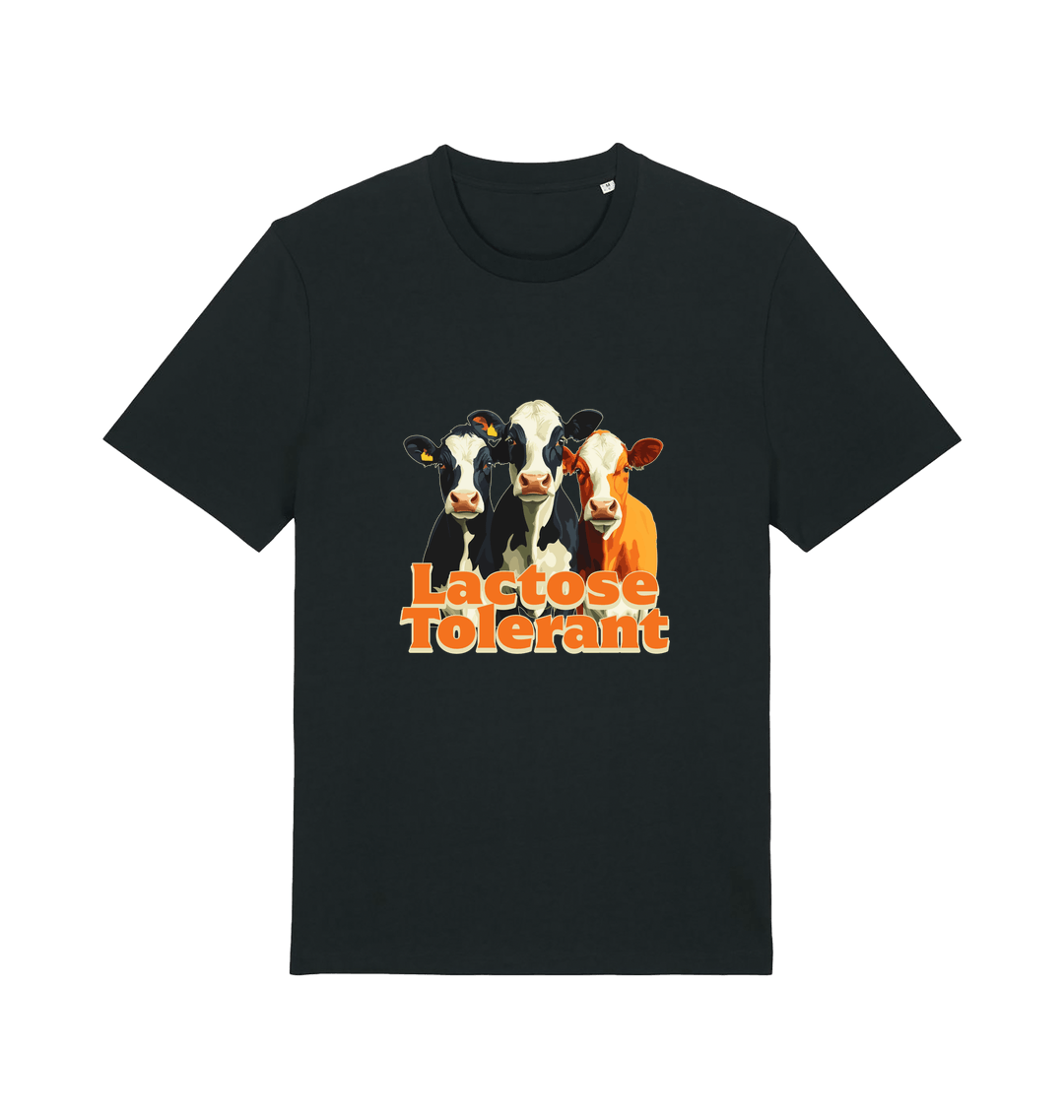 Black funny animal t-shirt with a graphic of  cows and the slogan 'Lactose Tolerant' 