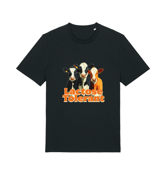Black funny animal t-shirt with a graphic of  cows and the slogan 'Lactose Tolerant' 