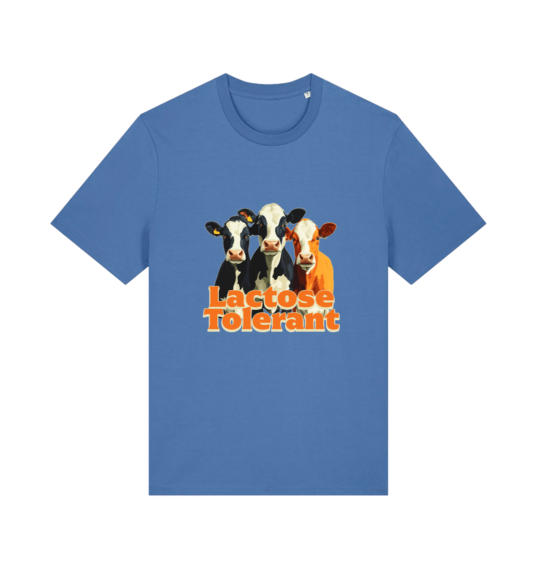 blue funny animal t-shirt with a graphic of  cows and the slogan 'Lactose Tolerant' 