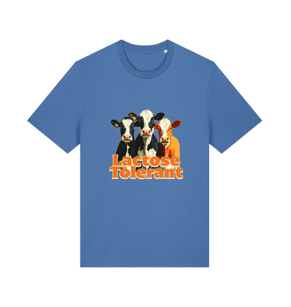 blue funny animal t-shirt with a graphic of  cows and the slogan 'Lactose Tolerant' 