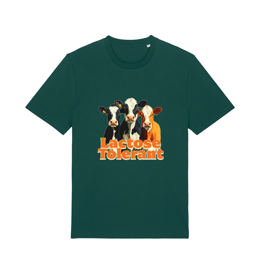 green funny animal t-shirt with a graphic of  cows and the slogan 'Lactose Tolerant' 