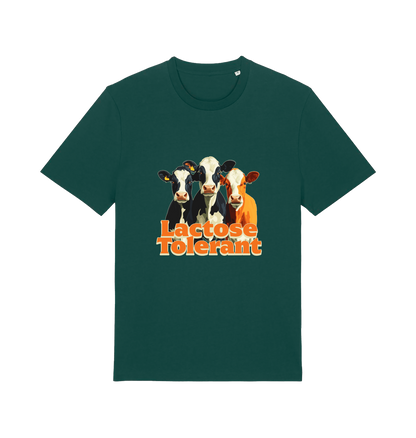 green funny animal t-shirt with a graphic of  cows and the slogan 'Lactose Tolerant' 