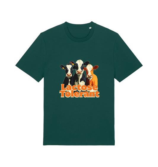 green funny animal t-shirt with a graphic of  cows and the slogan 'Lactose Tolerant' 