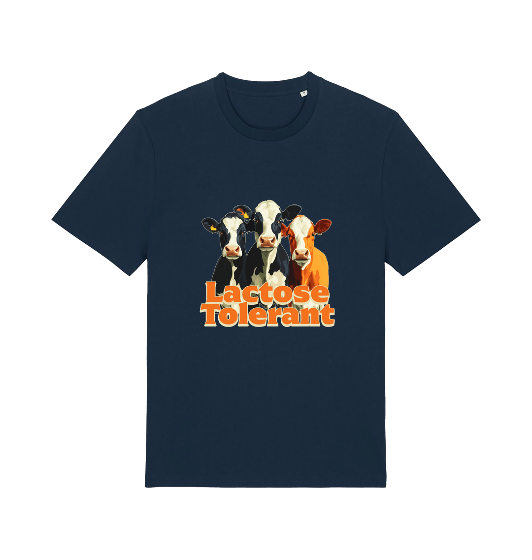 navy funny animal t-shirt with a graphic of  cows and the slogan 'Lactose Tolerant' 