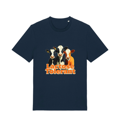 navy funny animal t-shirt with a graphic of  cows and the slogan 'Lactose Tolerant' 