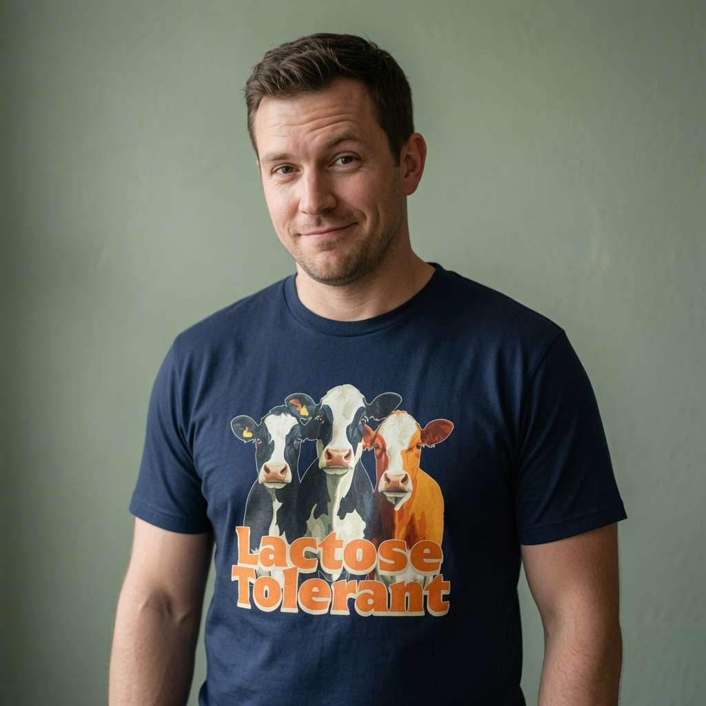 Man with slight smile looking to the side in navy Lactose Tolerant tee with cows design, mens cheeky fun cow graphic