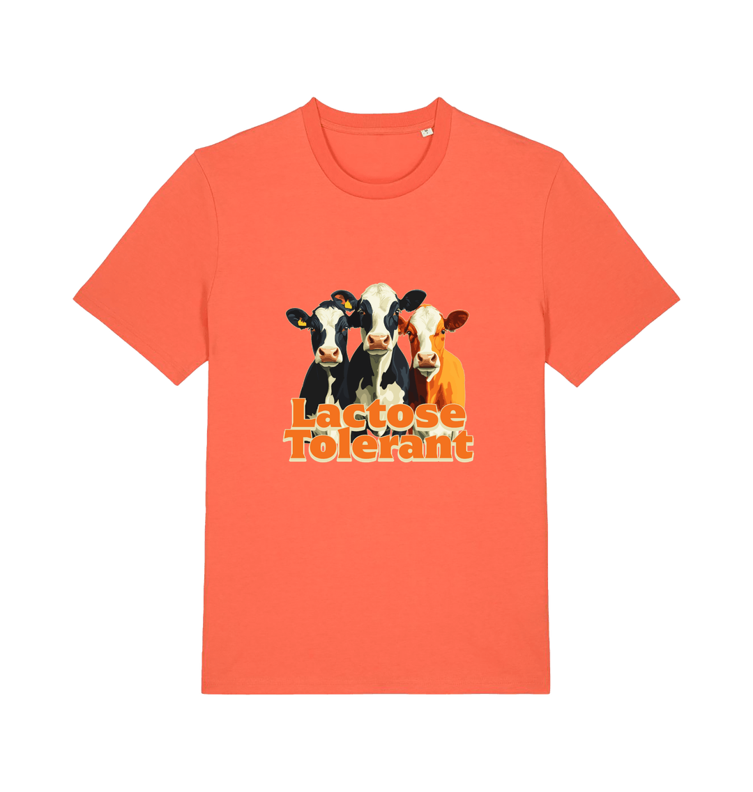orange funny animal t-shirt with a graphic of  cows and the slogan 'Lactose Tolerant' 