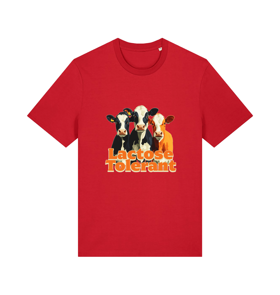red funny animal t-shirt with a graphic of  cows and the slogan 'Lactose Tolerant' 