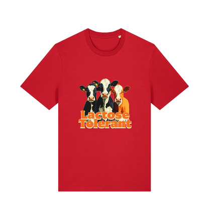 red funny animal t-shirt with a graphic of  cows and the slogan 'Lactose Tolerant' 