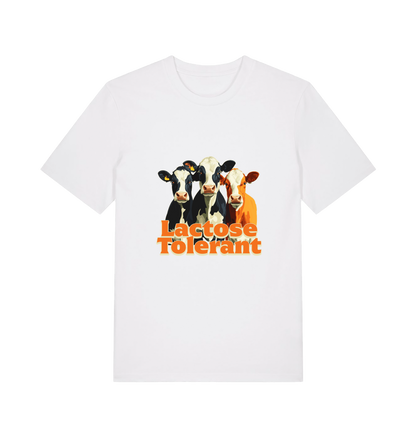 white funny animal t-shirt with a graphic of  cows and the slogan 'Lactose Tolerant' 
