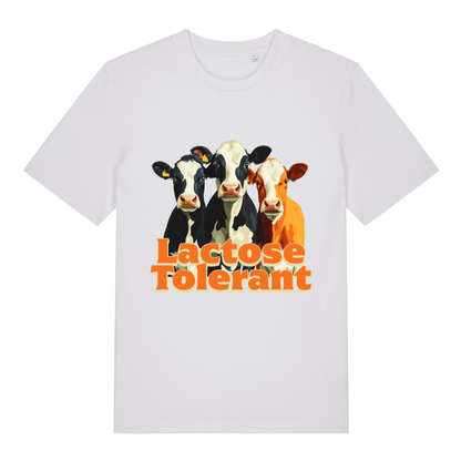 White Lactose Tolerant funny graphic t-shirt with three cows and bold “Lactose Tolerant” design  