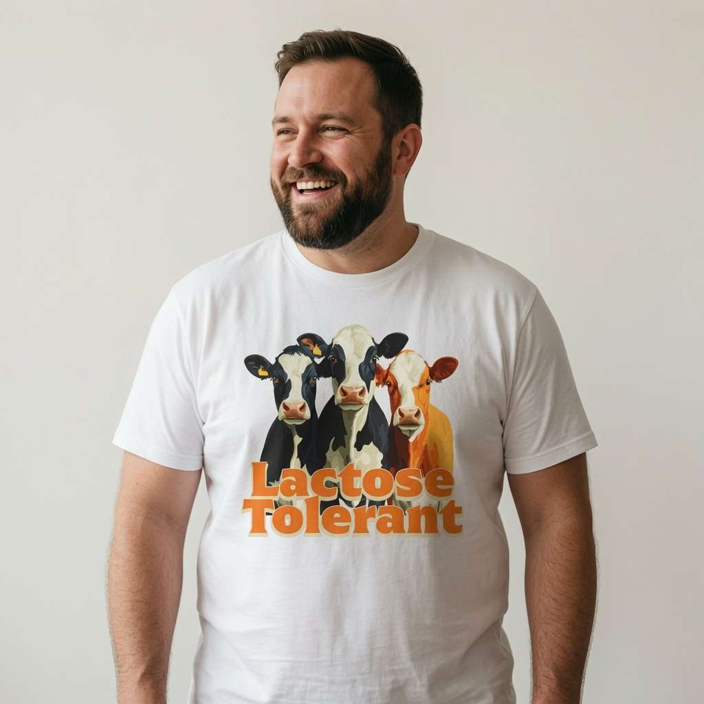 Bearded man smiling looking to the side in white Lactose Tolerant t-shirt, witty mens fun animal graphic