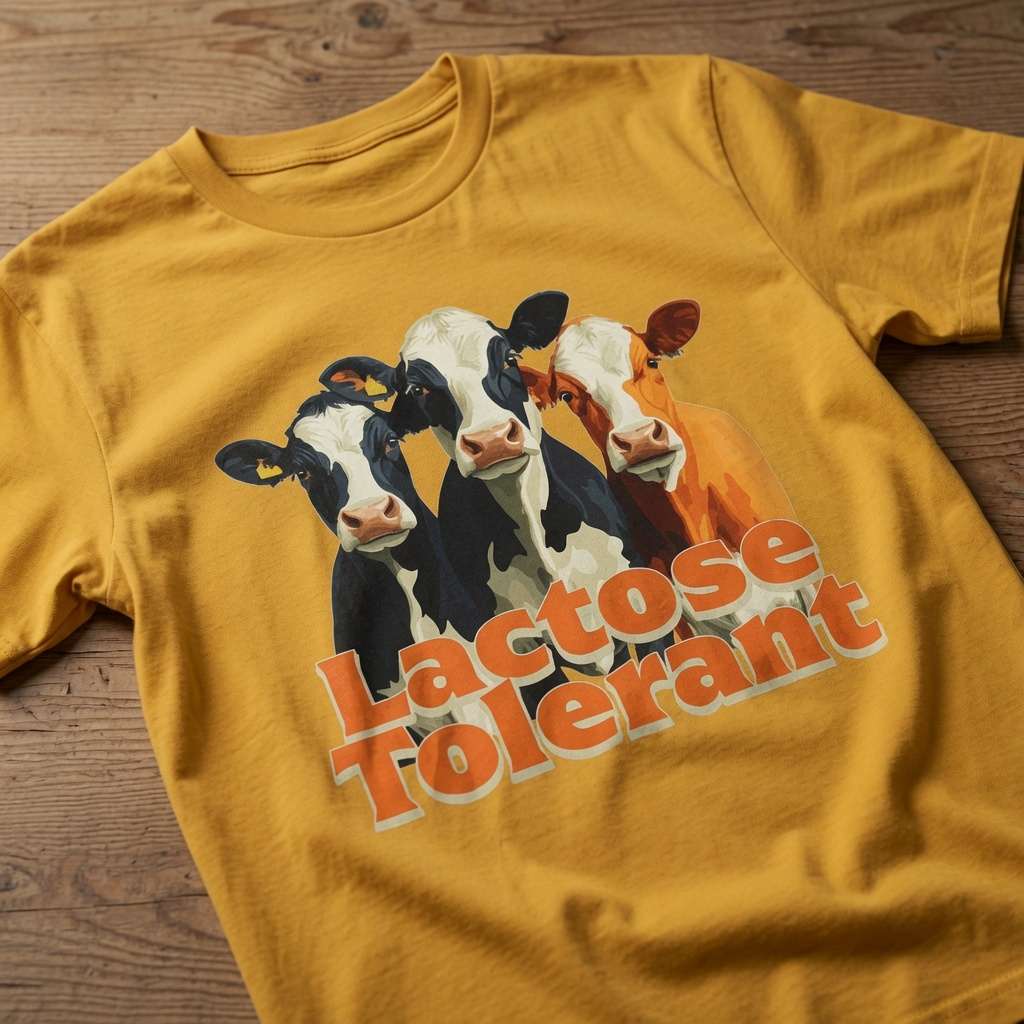 Yellow Lactose Tolerant t-shirt on wood featuring three cows graphic, fun mens witty cow lactose graphic