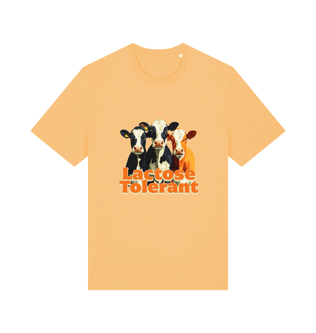 yellow funny animal t-shirt with a graphic of  cows and the slogan 'Lactose Tolerant' 