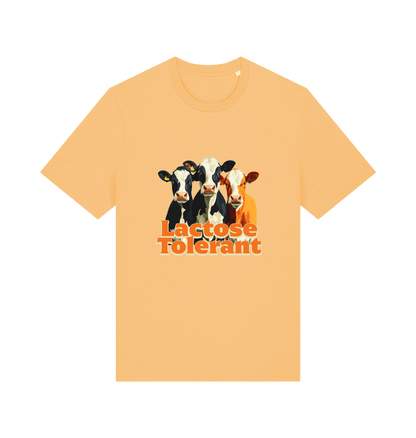 yellow funny animal t-shirt with a graphic of  cows and the slogan 'Lactose Tolerant' 