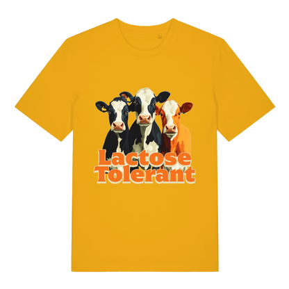 Yellow Lactose Tolerant funny graphic t-shirt featuring cows and sharp “Lactose Tolerant” lettering  