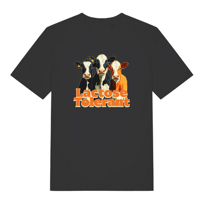 black funny animal t-shirt with the graphic of three cows and the slogan 'lactose tolerant'