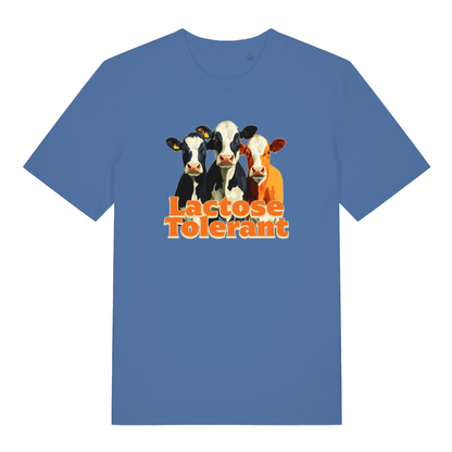 blue funny animal t-shirt with the graphic of three cows and the slogan 'lactose tolerant'