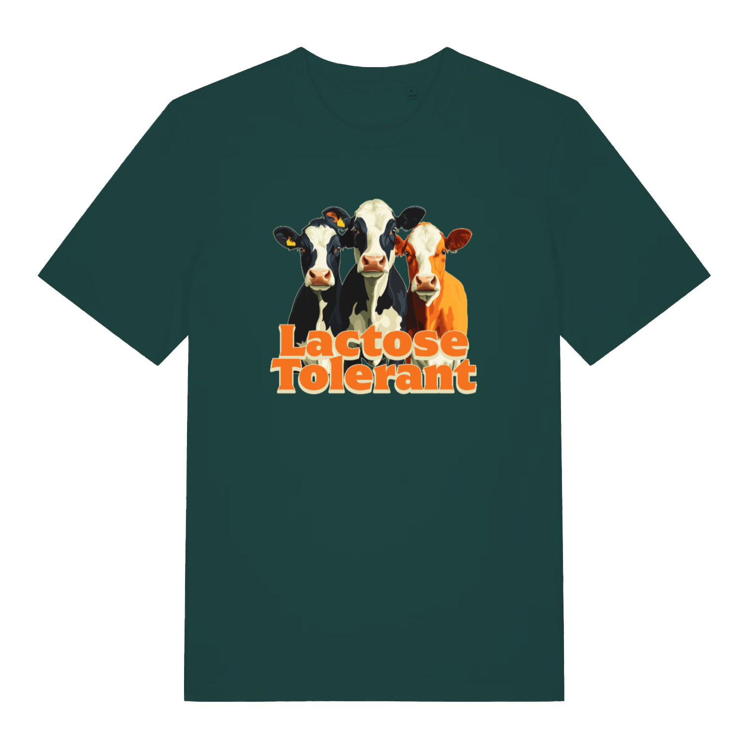 green funny animal t-shirt with the graphic of three cows and the slogan 'lactose tolerant'